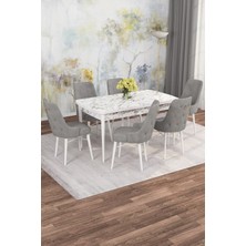 Asaella Mobilya Jusie Beyaz Mermer Desen 80X132 Açılabilir Sunta Masa Yemek Odası Takımı, Mutfak Takımı 6 Sandalye
