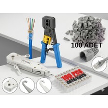 Derwell Yeni Nesil RJ45 Pense EZRJ45 Sıkma Pensesi RJ11 RJ12 Mavi Uzun + 100 Adet Yeni Nesil Delikli 8P8C Jak + 100 Adet Cover RJ45 Koruma Kılıfı + Krone Bıçağı Kep Kep Aleti Network
