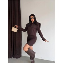 Vesantia Kadın Acı Kahve Vatkalı Pelerin Detaylı Ceket Etek Takım