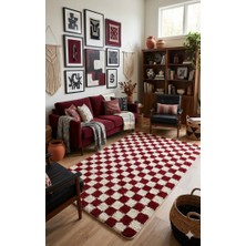 Eurobano Chess Dama Kırmızı-Kemik Yıkanabilir Halı Yolluk Salon Oturma Odası Balkon Koridor Halısı Shaggy