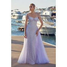 Ömür Inn Kadın Ip Askılı Taş ve Boncuk Işlemeli Balık Form Abiye Elbise 6688 Leylak