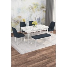 Asaella Mobilya Jusie Beyaz Mermer 80X132 Açılabilir Sunta Masa Yemek Odası Takımı,mutfak Takımı 4 Sandalye,1 Bench