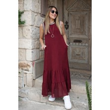 Qimya Butik Kadın Eteği Şifon Ribanalı Kolsuz Elbise