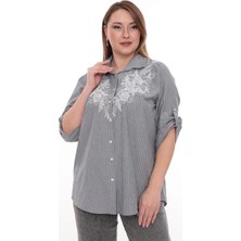 Lady Majestic Büyük Beden %100 Cotton Nakış Detaylı Çizgili Gömlek Şık ve Rahat