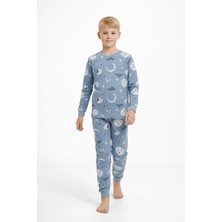 Bunny Hopp Uyku Temalı %100 Pamuklu Erkek Çocuk Pijama Takımı - Mavi Kuzulu Desenli Takım