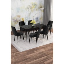 Asaella Mobilya Jusie Siyah Mermer Desen 80X132 Açılabilir Sunta Masa Yemek Odası Takımı, Mutfak Takımı 6 Sandalye
