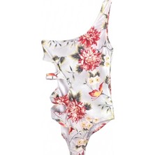 Look Me Vintage Floral Figürlü Asimetrik Kesim Yanları Üçlü Pencere Detaylı Kız Çocuk Mayo