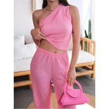 Vesantia Kadın Pembe Tek Omuz Bluz Pantolon Takım