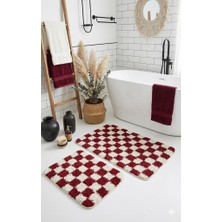 Eurobano Chess Dama Desen 2'li Banyo Paspası Kemik-Kırmızı 80X50 50X40 cm Yıkanabilir Lateks Kaymaz Taban