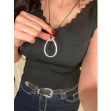 Vintage Takı Siyah Deri Ipli Rustik Tasarım Gümüş Kaplama Damla Kolye / Geometrik Damla Kolye