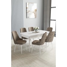 Asaella Mobilya Loft Beyaz 80X132 Açılabilir Mdf Masa Yemek Odası Takımı, Mutfak Takımı 6 Sandalye