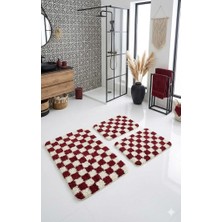 Eurobano Chess Dama Desen 2'li Banyo Paspası Kemik-Kırmızı 80X50 50X40 cm Yıkanabilir Lateks Kaymaz Taban
