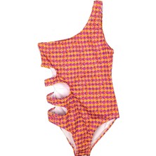 Look Me Geometrik Retro Halka Desenli Asimetrik Kesim Yanları Üçlü Pencere Detaylı Kız Çocuk Mayo
