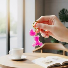 Scultore El Yapımı Reçine Anahtarlık - Pembe Cam Parçacıklı Ayıcık ve Kalp Figürlü Çanta Aksesuarı