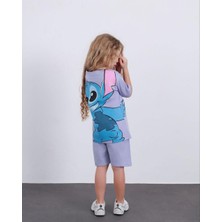 Cg Kids Stitch Kız Çocuk Tshirt Şort Alt Üst Takım Sırt Baskı Detaylı Lila Renk