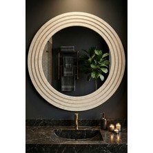 Montesev Antik Ahşap Traverten Dekoratif Ayna Banyo Lavabo Aynası Yuvarlak Ayna Duvar Aynası