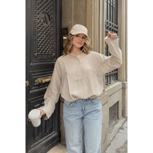 la & vetta Bej Keten Karışımlı Oversize Gömlek