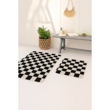 Eurobano Chess Dama Desen 2'li Banyo Paspası Kemik-Siyah 60X100 60X50 cm Yıkanabilir Lateks Kaymaz Taban
