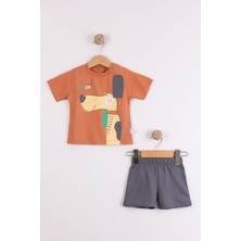 Joy Kids Erkek Bebek Sevimli Köpek Baskılı Takım (9-24AY) (Kahve-Gri)