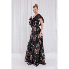 Bdm Exclusive Kadın Dijital Baskılı Şifon Çiçek Aplikli Balenli Abiye Elbise – El Işçiliği Taş Detaylı