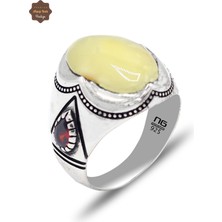 Midyat Nurtaş Gümüş Yakut Taşlı Süslemeli Damla Kehribar Taşlı Erkek Gümüş Yüzük 201025437