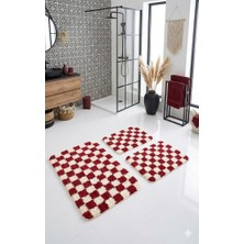 Eurobano Chess Dama 3'lü Banyo Paspası Kemik-Kırmızı 80X50 50X40 50X40 cm Yıkanabilir Lateks Kaymaz Taban