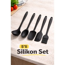 Evolis Kitchen 5 Adet Isıya Dayanıklı Yanmaz Yapışmaz Silikon Seti Kepçe-Fırça-Kaşık-Oval Spatula-Spatula (Siyah)