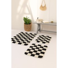 Eurobano Chess Dama Desen 3'lü Banyo Paspası Kemik-Siyah 60X100 60X50 60X50 cm Yıkanabilir Lateks Kaymaz Taban