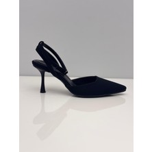 Feles Kadın Siyah Nubuk Topuklu Arkası Açık Bilekten Bağlamalı Ayakkabı - Stiletto-7cm Topuk-Podeia Estilo