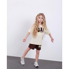 Cg Kids Krem Kahve Süzüne Nakışlı Kız Çocuk Tshirt & Şort Alt Üst Takım Süper Kalite