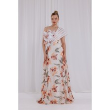 Bdm Exclusive Kadın Dijital Baskılı Şifon Çiçek Aplikli Balenli Abiye Elbise – El Işçiliği Taş Detaylı