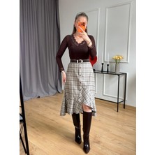 Size Özgü Vizon Düğme Detaylı Asimetrik Ekose Etek