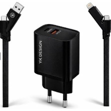 GUNKES USB-C Power Delivery ve USB-A Quick Charge 3.0 desteği ile 38W Çoklu Kablolu Turbo Ev Tipi Şarj Aleti