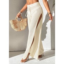 Yuga Knitting Kadın Triko Ajur Desenli Rahatşık Yazlık Yırtmaç Detaylıpantolon Plaj Elbisesi Pareo