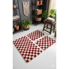 Eurobano Chess Dama Desen 3'lü Banyo Paspası Kemik-Kırmızı 60X100 60X50 60X50 cm Yıkanabilir Lateks Kaymaz Taban
