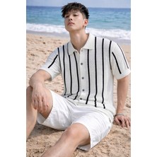 Tarz Cool Çizgili Erkek Triko Gömlek Yaka Hırka Yazlık Rahat Kesim