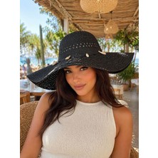 Aydın Şapkacınız Premium Hasır Kadın Şapka Geniş Kenarlı Yazlık Plaj Şapkası Deniz Kabuklu Bohem Stil Güneş Koruyucu