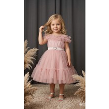 Ayyılmaz Kız Çocuk Pürpür Abiye Elbise Ekstra Tül Detaylı Beli Lastikli Pudra