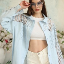 Hopeful Design Kadın Gömlek File Detaylı Oversize Mavi ve Pembe