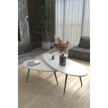 GOLDFALEZ Orta Sehpa Seti Modern 2’li Ahşap Ayaklı Salon Oturma Odası Dekoratif Sehpa Takımı 8888 Beyaz