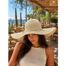 Aydın Şapkacınız Premium Hasır Kadın Şapka Geniş Kenarlı Yazlık Plaj Şapkası Deniz Kabuklu Bohem Stil Güneş Koruyucu