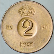 Banknoting Isveç 2 Öre 1970 Kral 6. Gustaf Dönemi.