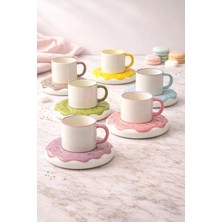 Yzhome Acar 6 Kişilik Lüks Porselen Donut Tabaklı Renkli Çay Fincan Double Türk Kahvesi Takımı Seti 150ML