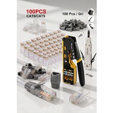 Derwell Yeni Nesil RJ45 Sıkma Pensesi Cat5/6/7/8 + 100 Adet Yeni Nesil RJ45 Konnektör + 100 Adet Gri Cover Papuç + Krone Baçığı Crimper Ethernet Set Network Aksesuarları 4in1 Kit