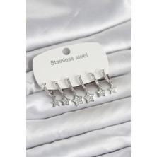 HERŞEYBURDAMODA Çelik Gümüş Renk 6'lı Set Yıldız Model Kadın Küpe