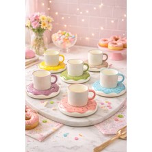 Yzhome Acar 6 Kişilik Lüks Porselen Donut Tabaklı Renkli Kahve Fincan Takımı Seti 90ML