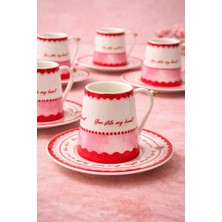 Yzhome Acar 6 Kişilik Lüks Porselen Kırmızı Love Desenli Kahve Fincan Takımı Seti 100ML