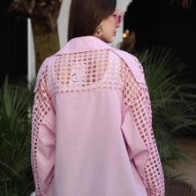 Hopeful Design Kadın Gömlek File Detaylı Oversize Mavi ve Pembe