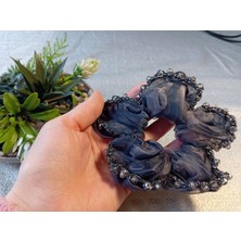 Euro Aksesuar Kenarı Kristal Boncuk Işlemeli Şifon Simit Toka - Bohem Şık Scrunchie Set