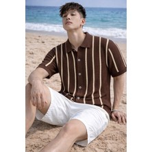 Tarz Cool Çizgili Erkek Triko Gömlek Yaka Hırka Yazlık Rahat Kesim